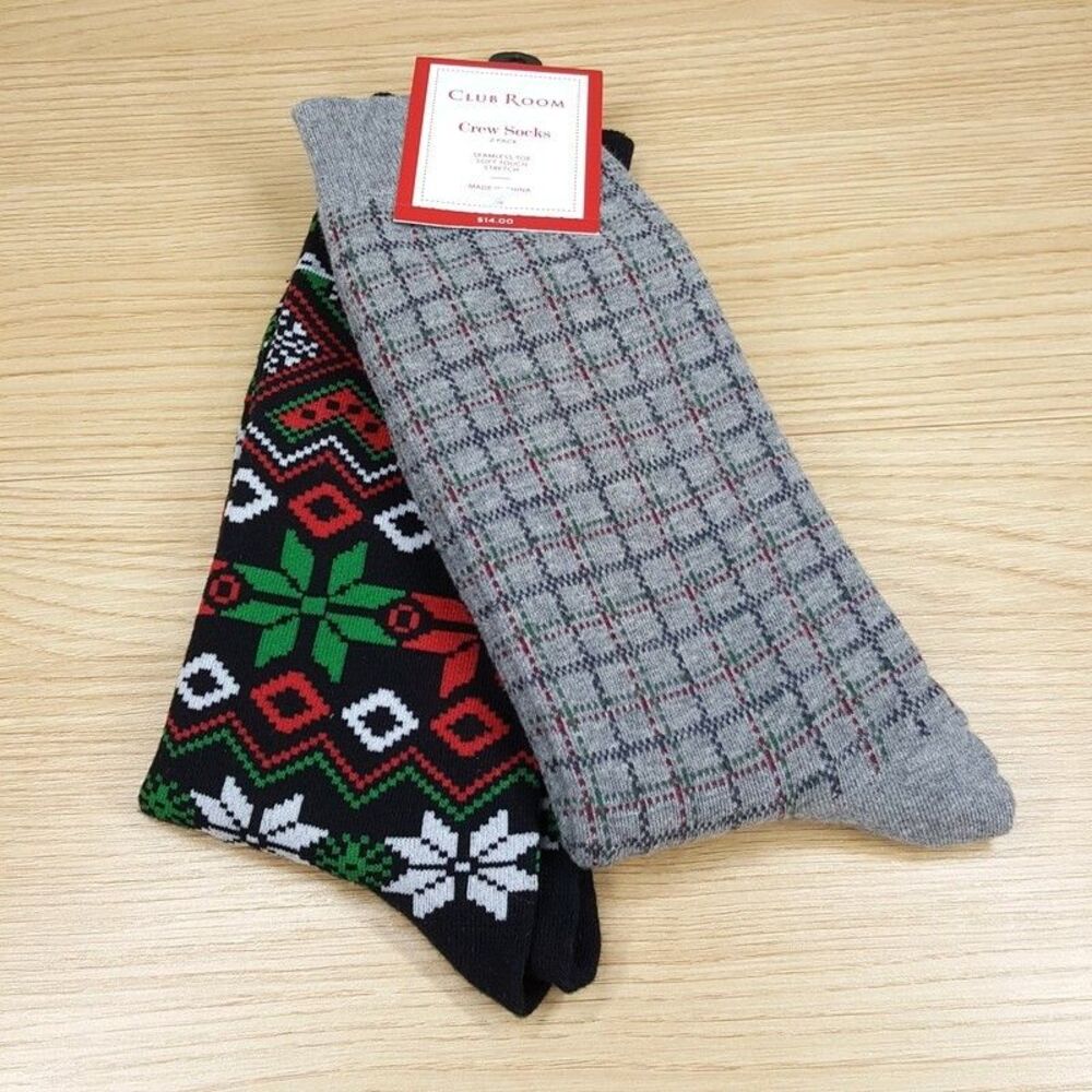 CLUB ROOM Crew Socks Mens Black Gray 2-Pack Fair Isle Stripe Seamless Soft Touch